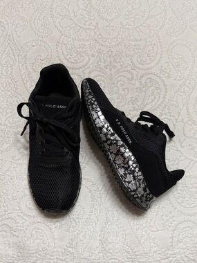U.S. Polo Assn. Size 6.5M Black Sneakers with Silver Floral Accent